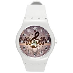 Music, Wonderful Clef With Floral Elements Round Plastic Sport Watch (m) by FantasyWorld7