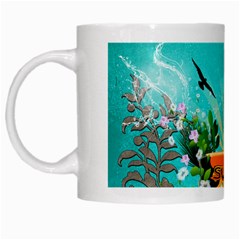 Surfboard With Palm And Flowers White Mugs by FantasyWorld7