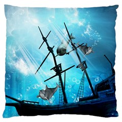 Underwater World With Shipwreck And Dolphin Large Cushion Cases (one Side)  by FantasyWorld7