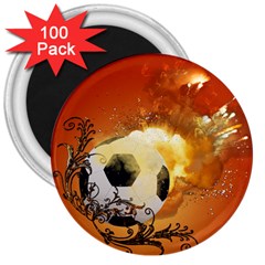 Soccer With Fire And Flame And Floral Elelements 3  Magnets (100 Pack) by FantasyWorld7