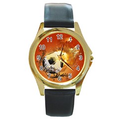 Soccer With Fire And Flame And Floral Elelements Round Gold Metal Watches by FantasyWorld7