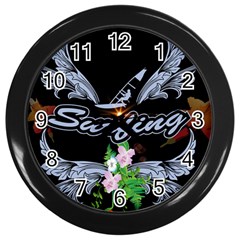 Surfboarder With Damask In Blue On Black Bakcground Wall Clocks (black) by FantasyWorld7