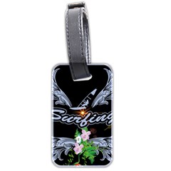 Surfboarder With Damask In Blue On Black Bakcground Luggage Tags (two Sides) by FantasyWorld7