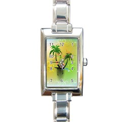 Surfing, Surfboarder With Palm And Flowers And Decorative Floral Elements Rectangle Italian Charm Watches by FantasyWorld7