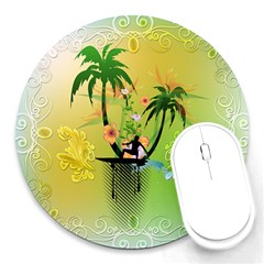 Surfing, Surfboarder With Palm And Flowers And Decorative Floral Elements Round Mousepads by FantasyWorld7