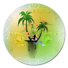 Surfing, Surfboarder With Palm And Flowers And Decorative Floral Elements Magnet 5  (round) by FantasyWorld7