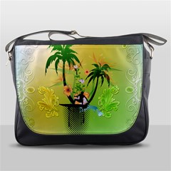 Surfing, Surfboarder With Palm And Flowers And Decorative Floral Elements Messenger Bags by FantasyWorld7