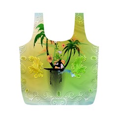 Surfing, Surfboarder With Palm And Flowers And Decorative Floral Elements Full Print Recycle Bags (m)  by FantasyWorld7