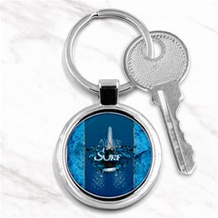 Surf, Surfboard With Water Drops On Blue Background Key Chains (round)  by FantasyWorld7