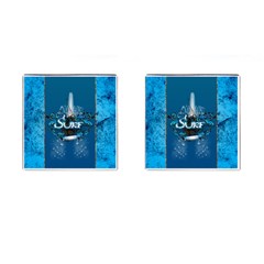 Surf, Surfboard With Water Drops On Blue Background Cufflinks (square) by FantasyWorld7