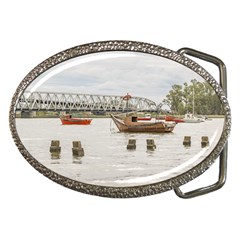 Boats At Santa Lucia River In Montevideo Uruguay Belt Buckles by dflcprints