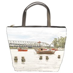 Boats At Santa Lucia River In Montevideo Uruguay Bucket Bags by dflcprints