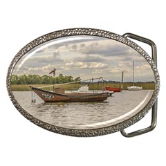 Fishing And Sailboats At Santa Lucia River In Montevideo Belt Buckles by dflcprints