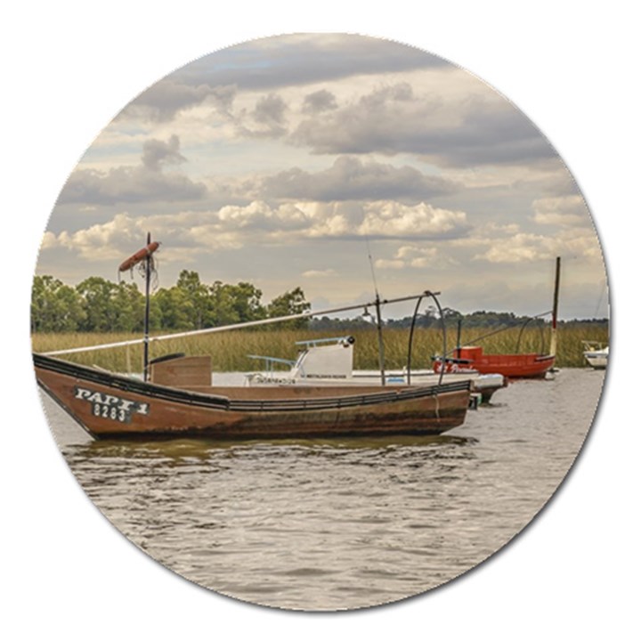 Fishing And Sailboats At Santa Lucia River In Montevideo Magnet 5  (Round)