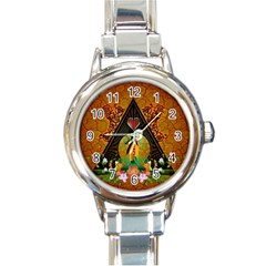 Surfing, Surfboard With Flowers And Floral Elements Round Italian Charm Watches by FantasyWorld7