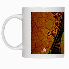 Surfing, Surfboard With Flowers And Floral Elements White Mugs by FantasyWorld7