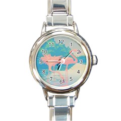 Two Pink Flamingos Pop Art Round Italian Charm Watch by WaltCurleeArt