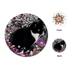 Freckles In Flowers Ii, Black White Tux Cat Playing Cards (round)  by DianeClancy