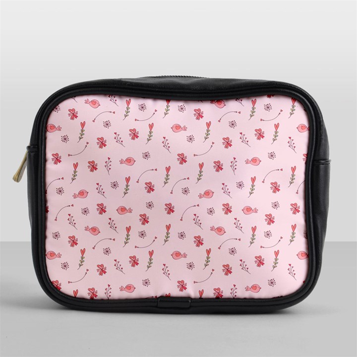 Cute Pink Birds And Flowers Pattern Mini Toiletries Bags