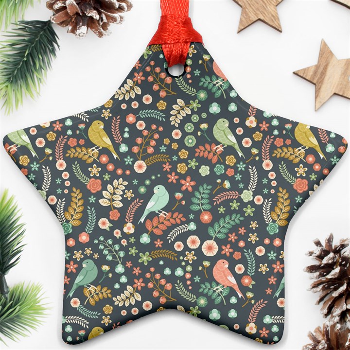 Vintage Flowers And Birds Pattern Star Ornament (Two Sides) 