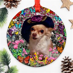 Chi Chi In Butterflies, Chihuahua Dog In Cute Hat Round Ornament (two Sides)  by DianeClancy