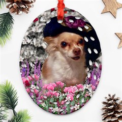 Chi Chi In Flowers, Chihuahua Puppy In Cute Hat Ornament (oval Filigree)  by DianeClancy