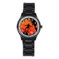 Man Surfing At Sunset Graphic Illustration Stainless Steel Round Watch by dflcprints