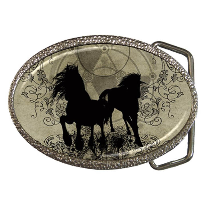 Wonderful Black Horses, With Floral Elements, Silhouette Belt Buckles