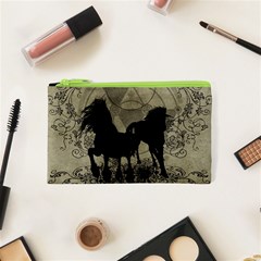 Wonderful Black Horses, With Floral Elements, Silhouette Cosmetic Bag (xs) by FantasyWorld7