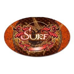 Surfing, Surfboard With Floral Elements  And Grunge In Red, Black Colors Oval Magnet by FantasyWorld7