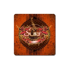 Surfing, Surfboard With Floral Elements  And Grunge In Red, Black Colors Square Magnet by FantasyWorld7