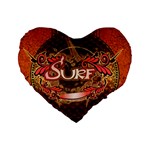 Surfing, Surfboard With Floral Elements  And Grunge In Red, Black Colors Standard 16  Premium Heart Shape Cushions Front