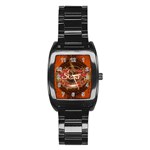 Surfing, Surfboard With Floral Elements  And Grunge In Red, Black Colors Stainless Steel Barrel Watch Front