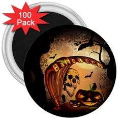 Halloween, Funny Pumpkin With Skull And Spider In The Night 3  Magnets (100 Pack) by FantasyWorld7