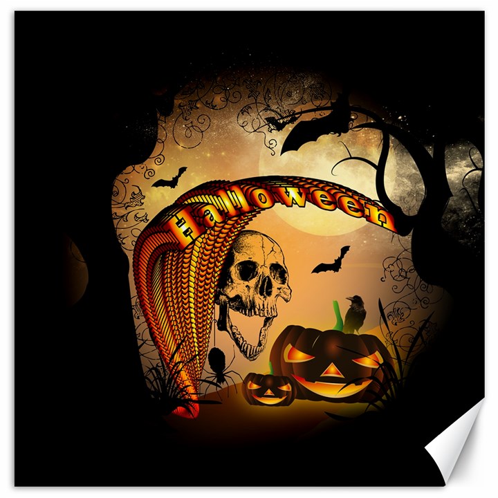 Halloween, Funny Pumpkin With Skull And Spider In The Night Canvas 20  x 20  