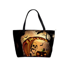 Halloween, Funny Pumpkin With Skull And Spider In The Night Shoulder Handbags by FantasyWorld7