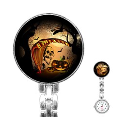 Halloween, Funny Pumpkin With Skull And Spider In The Night Stainless Steel Nurses Watch by FantasyWorld7