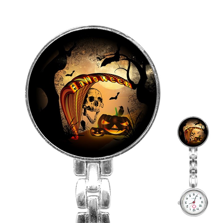 Halloween, Funny Pumpkin With Skull And Spider In The Night Stainless Steel Nurses Watch