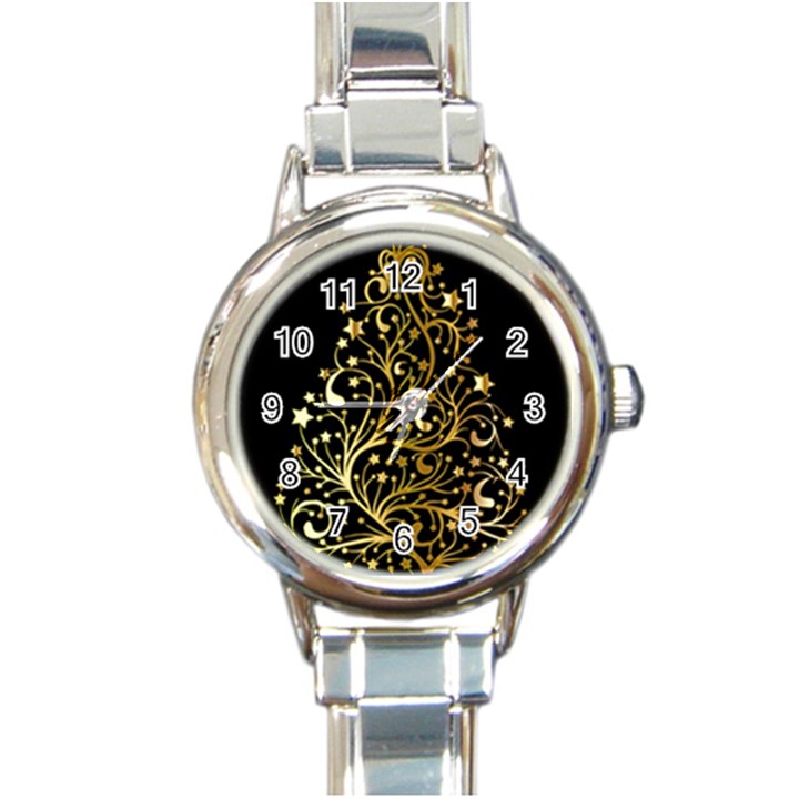 Decorative Starry Christmas Tree Black Gold Elegant Stylish Chic Golden Stars Round Italian Charm Watch