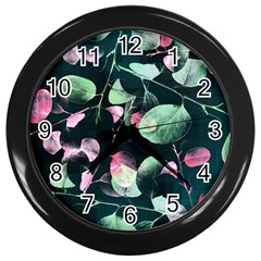 Modern Green And Pink Leaves Wall Clocks (black) by DanaeStudio