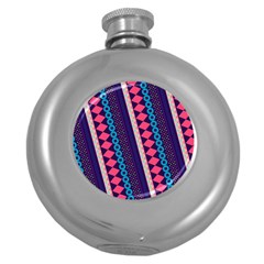 Purple And Pink Retro Geometric Pattern Round Hip Flask (5 Oz) by DanaeStudio