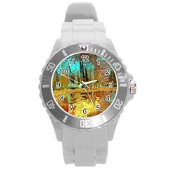 Autumn Landscape Impressionistic Design Round Plastic Sport Watch (l) by digitaldivadesigns