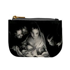 Nativity Scene Birth Of Jesus With Virgin Mary And Angels Black And White Litograph Mini Coin Purses by yoursparklingshop