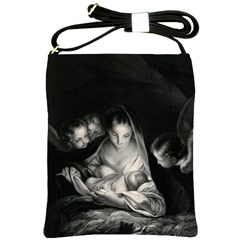 Nativity Scene Birth Of Jesus With Virgin Mary And Angels Black And White Litograph Shoulder Sling Bags by yoursparklingshop