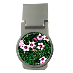 Pink Flowers Over A Green Grass Money Clips (round)  by DanaeStudio