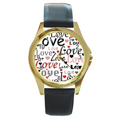 Love Pattern - Red Round Gold Metal Watch by Valentinaart