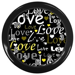 Yellow Love Pattern Wall Clocks (black) by Valentinaart