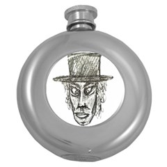 Man With Hat Head Pencil Drawing Illustration Round Hip Flask (5 Oz) by dflcprints