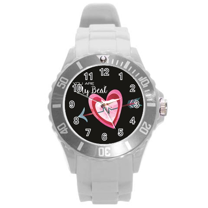 You Are My Beat / Pink And Teal Hearts Pattern (black)  Round Plastic Sport Watch (L)