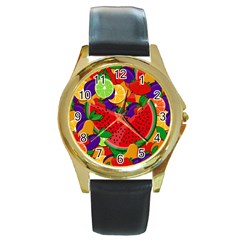 Summer Fruits Round Gold Metal Watch by Valentinaart